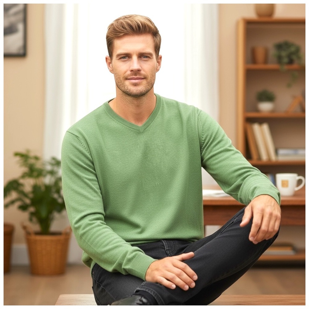 Malo Light-Green Cashmere V-Neck Sweater. XL - Picture 7 of 12